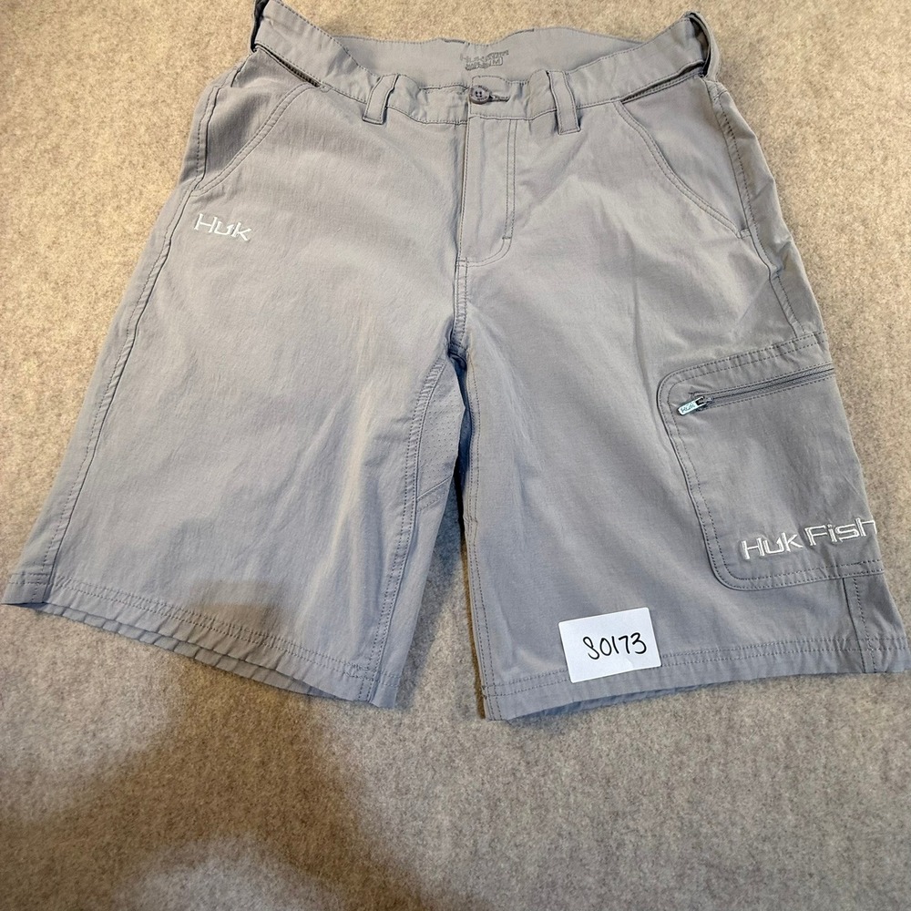 Huk Performance Fishing Shorts Mens Medium Gray Cargo Zipper Pockets Breathable